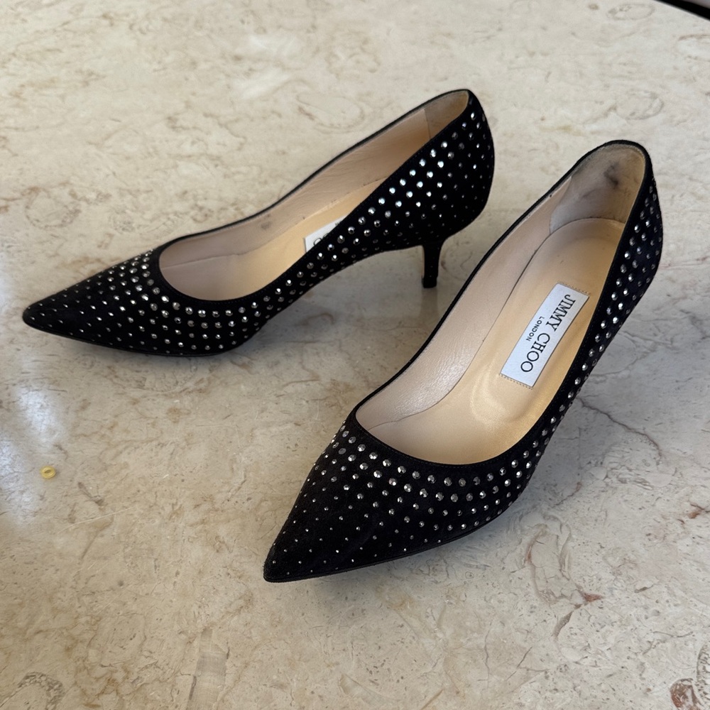 Jimmy Choo Black Suede Pointed Toe Crystal-Stud Pumps EU 38 - Picture 2 of 5